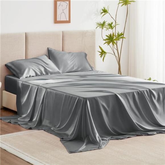 Love's cabin Satin Queen Sheets Set - 4 Piece Dark Grey Silky Satin Bed Sheets - Picture 1 of 7